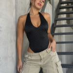 Body cuello V lycra strass