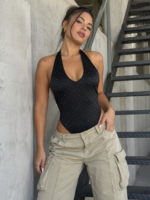 Body cuello V lycra strass